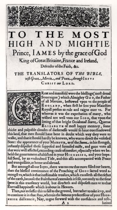 Opdrachtpagina in de Heilige Bijbel, uitgegeven door Robert Barker, 1611 door English School
