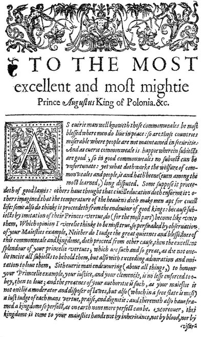 Opdracht aan de koning van Polen Sigismund II Augustus I in De Raadgever, de eerste Engelse vertaling van Wawrzyniec Grzymała Goślicki