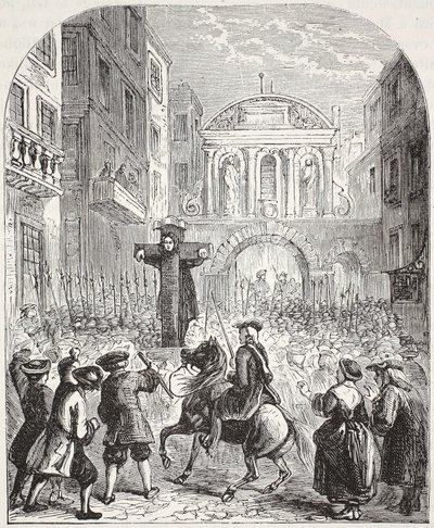 Defoe in de Schandpaal bij Temple Bar door English School