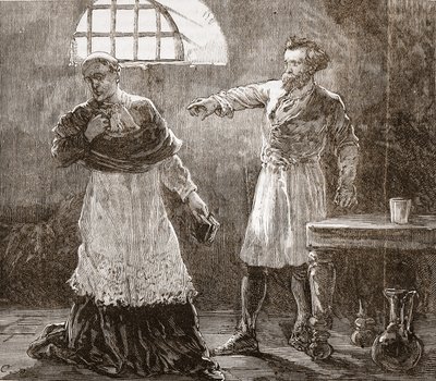 Denis berispt de bisschop van Meaux, illustratie uit De Geschiedenis van het Protestantisme door James Aitken Wylie, gepubliceerd in 1878 door English School