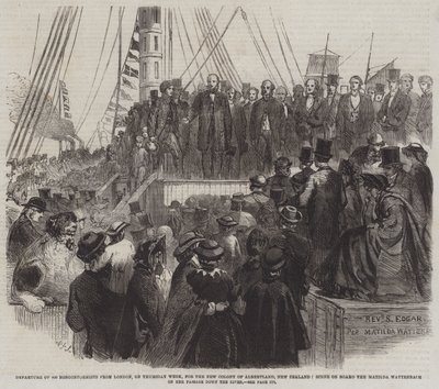 Vertrek van 800 non-conformisten uit Londen, op donderdag, naar de nieuwe kolonie Albertland, Nieuw-Zeeland, scène aan boord van de Matilda Wattenbach tijdens haar reis over de rivier door English School