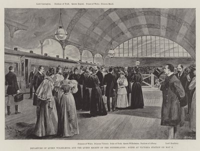 Vertrek van koningin Wilhelmina en de koningin-regentes van Nederland, scène op Victoria Station op 9 mei (litho) door English School