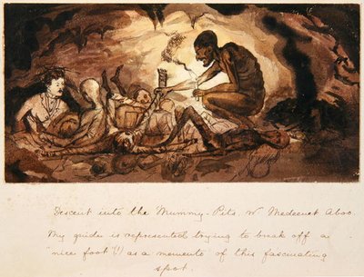 Afdaling in de mummiekuilen, nabij Medeenet Aboo, ca. 1880 door English School