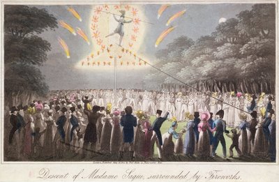 Afdaling van Madame Saqui, omringd door vuurwerk, uitgegeven door Thomas Kelly (fl.1820-55) Londen door English School