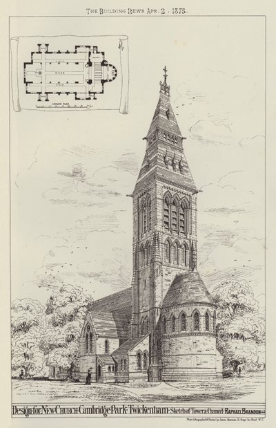 Ontwerp voor een nieuwe kerk, Cambridge Park, Twickenham, schets van toren en koor door English School