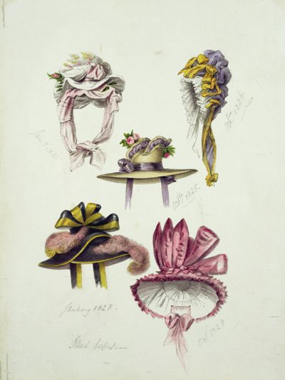 Ontwerpen voor Regency Hoeden, 1828 door English School