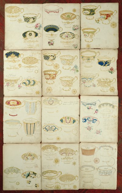 Ontwerpen voor theekopjes geproduceerd in de Daniel Factory, Staffordshire, c.1845 door English School