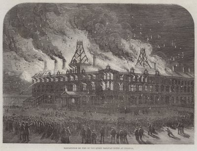 Verwoesting door brand in het Queen Railway Hotel in Chester (gravure) door English School