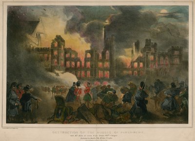 Vernietiging door brand van de Huizen van het Parlement op 16 oktober 1834, zoals gezien vanaf de kapel van Hendrik VIII door English School
