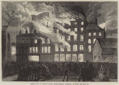 Vernietiging van Compton House, Church-Street, Liverpool, door brand door English School