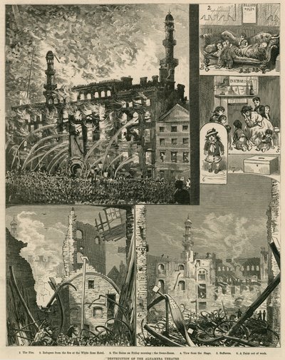Vernietiging van het Alhambra Theatre, Londen, op 7 december 1882 door English School