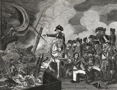 Vernietiging van de Kanonneerboten voor Gibraltar, gegraveerd door H.Cook, 1816 door English School