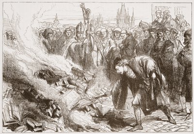 Vernietiging van de werken van Wicliffe in Praag, illustratie uit The History of Protestantism door James Aitken Wylie (1808-1890), gepubliceerd 1878 door English School