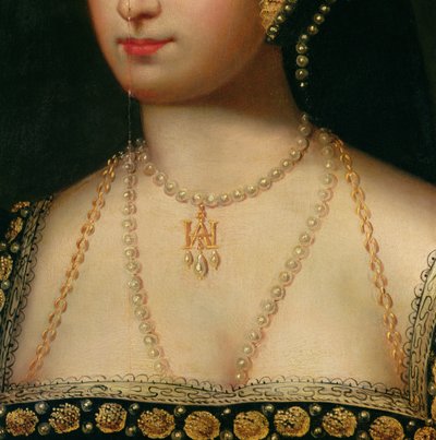 Detail van een portret van Anne Boleyn (1504-36) door English School