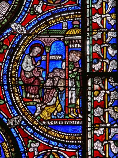Detail van een van de Bijbelramen met St. Petrus die predikt door English School