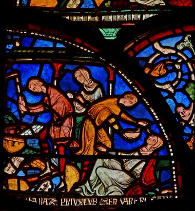 Detail (het wonderraam) met de moeder van Geoffrey van Winchester die bidt tot St. Thomas door English School