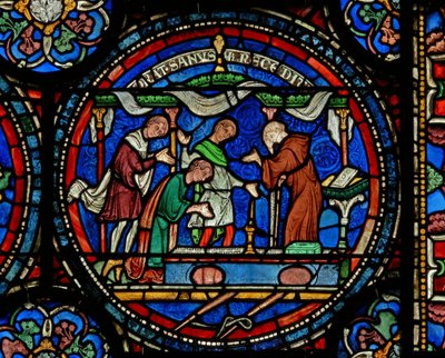 Detail van het Wonderraam met Gekke Henry van Fordwich die dank betuigt na zijn genezing door English School