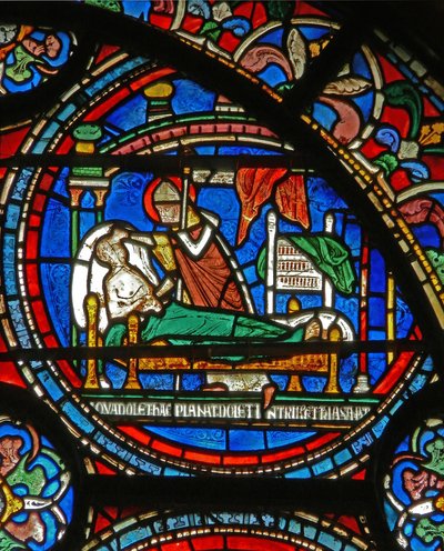 Detail van het Wonderraam met St. Thomas die een zieke man in zijn slaap bezoekt door English School