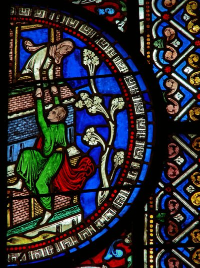 Detail uit het oostelijke raam van de Trinity Chapel met David die de stad ontvlucht door English School