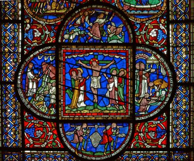 Detail uit het oostelijke raam van de Trinity Chapel met de Kruisiging en vier omliggende panelen door English School