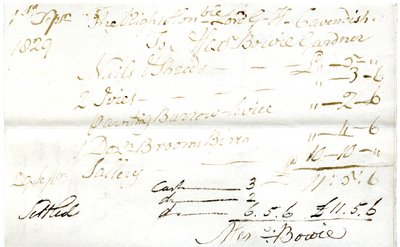 Devonshire MSS AS 3101, folio uit een bundel rekeningen vereffend door Pinder Simpson voor Lord George Cavendish, inclusief de rekening van Alexander Bowie door English School