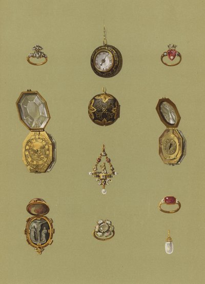 Diamanten ring, gouden horloge, bloedsteen camee, gouden horloge, juweel solitaire, opaal rouwring van Mary Queen of Scots, gouden ring van prinses Elizabeth, gouden horloge van achthoekige vorm, gouden ring, pareloorbel door English School