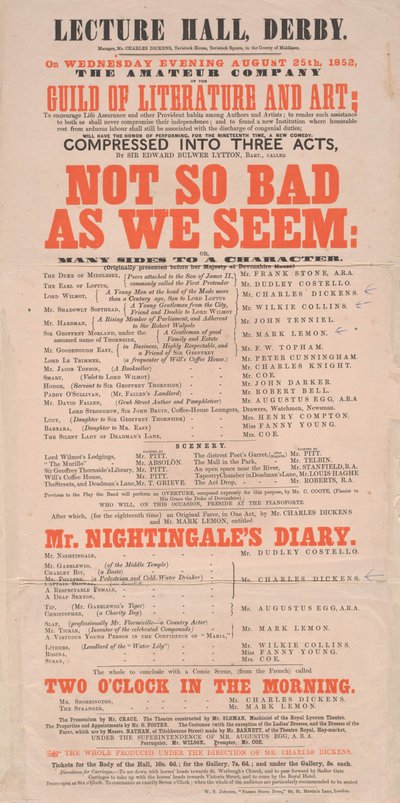 Dickens affiche: Not So Bad As We Seem in Lecture Hall, Derby, programma voor 25 augustus 1852 door English School