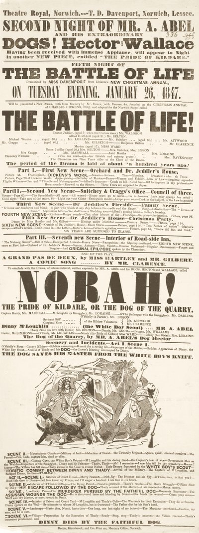 Dickens affiche: The Battle of Life, in Theatre Royal, Norwich, 26 januari 1847 door English School