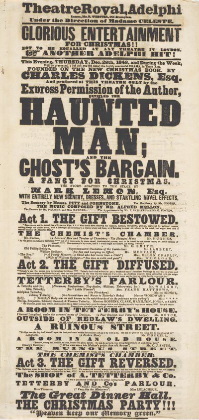 Dickens affiche: The Haunted Man, in Adelphi Theatre Royal, 28 december 1848 door English School
