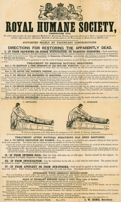 Instructies voor het herstellen van schijnbaar doden; uitgegeven door de Royal Humane Society, mei 1872 door English School