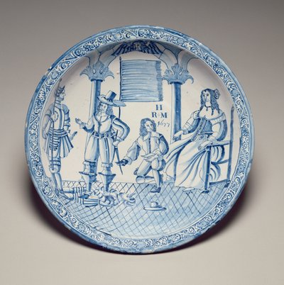 Schaal met koningin Catherine zittend terwijl een knielende ridder een schoen past, 1677 door English School