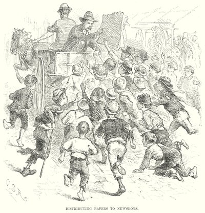Papieren uitdelen aan krantenjongens (gravure) door English School