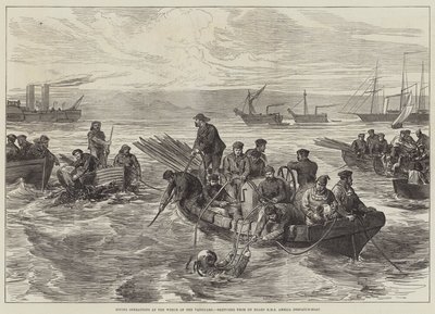 Duikoperaties bij het wrak van de Vanguard, geschetst vanaf HMS Amelia Despatch-Boat door English School