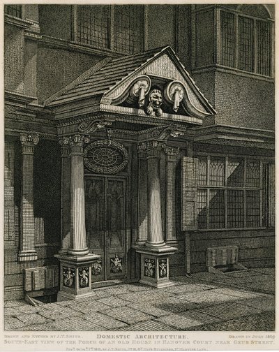 Zuid-oostelijke aanzicht van de veranda van een oud huis in Hanover Court nabij Grub Street door English School