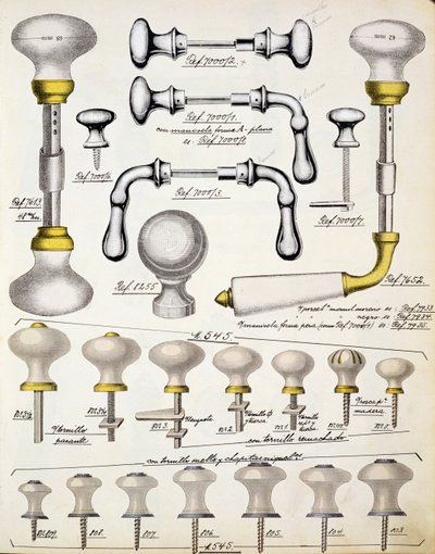 Deurknoppen, uit een handelscatalogus van huishoudelijke goederen en fittingen, c.1890-1910 door English School