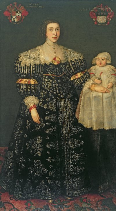 Dubbelportret van Mary, Lady Bowes, 24 jaar oud, en haar oudste zoon, Thomas, 1630 door English School