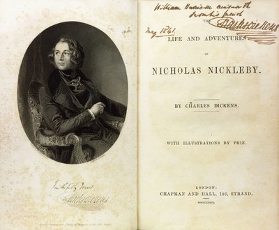 Dubbele pagina met een portret van Dickens en een toewijding van Dickens aan William Harrison Ainsworth door English School