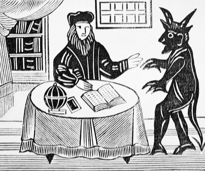 Dr. Faustus in Overleg met de Duivel, uit Gents vertaling van Dr. Faustus door Christopher Marlowe (1564-93) 1648 uit een verzameling chapbooks over esoterica door English School