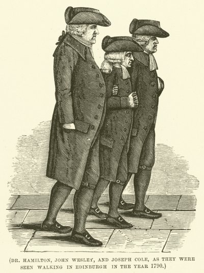 Dr. Hamilton, John Wesley en Joseph Cole, zoals ze gezien werden wandelend in Edinburgh in het jaar 1790 (gravure) door English School