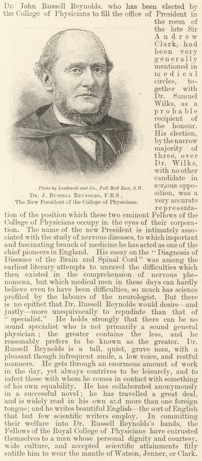 Dr. J Russell Reynolds, FRS, de nieuwe voorzitter van het College of Physicians door English School