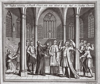 Dr. Taylor berispt een pauselijke priester die op het punt stond de mis op te dragen in de kerk van Hadley, illustratie uit Foxes Martelaren ca. 1703 door English School
