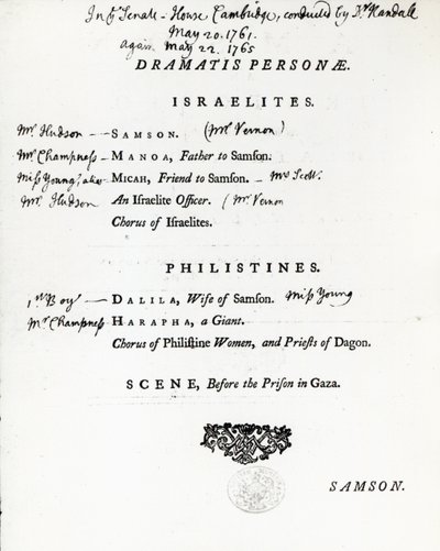 Dramatis Personae voor Samson, een Oratorium van Handel, gepubliceerd in 1759 door English School
