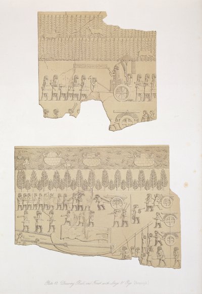 Tekening van een stier, en bos met herten en varkens, Koujunjik, plaat 12 uit Nineveh en zijn overblijfselen door Austen Henry Layard (1817-94) gepubliceerd 1849 door English School