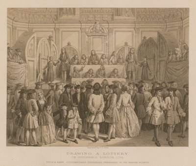 Loterijtrekking in Guildhall, Londen, 1739 door English School