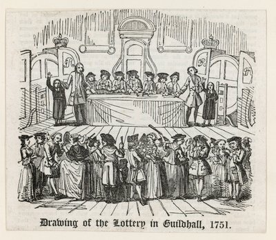 Trekking van de loterij in Guildhall, 1751 door English School