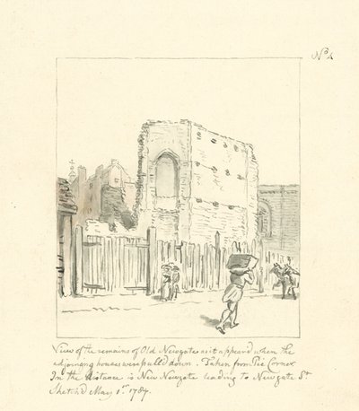 Tekening van de overblijfselen van Old Newgate (inkt op papier) door English School