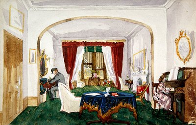 Saloninterieur, vrouw aan de piano, man met bolhoed schrijft, ca. 1850 door English School