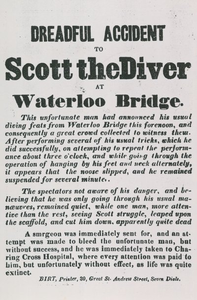 Vreselijk ongeluk van Scott de duiker bij de Waterloo Bridge door English School