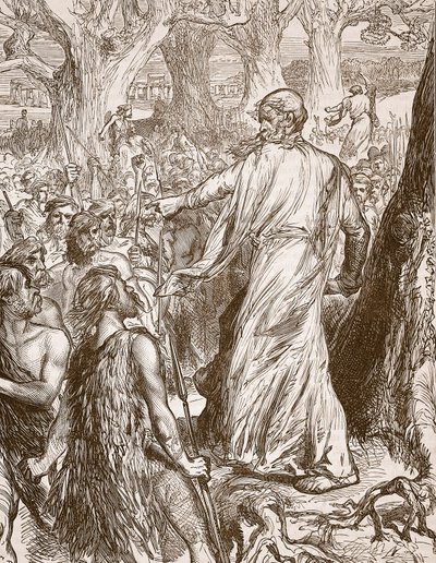 Druïden die de Britten aanzetten om de landing van de Romeinen te weerstaan, illustratie uit Cassells Illustrated History of England door English School