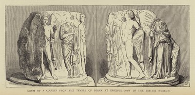 Trommel van een zuil uit de tempel van Diana in Efeze, nu in het British Museum (gravure) door English School